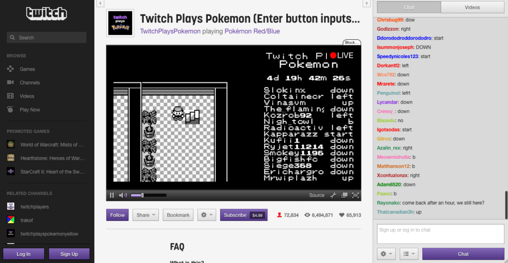 Kuva 1. Twitch-videopalvelussa pelattava Twitch Plays Pokémon hyvässä vauhdissa. Oikealla näkyvässä chatissa syötetyt komennot siirtyvät peliin ja näkyvät myös pelivideolla.