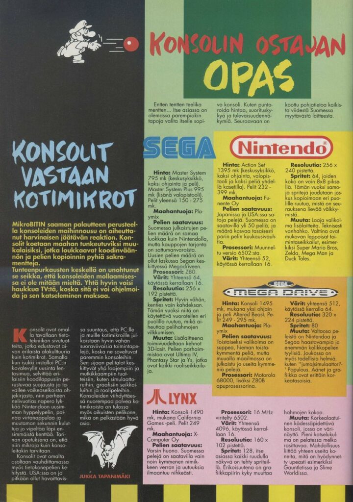 Kuva 7. MikroBitin 3/1991 pelikonsoliliite esitteli konsoleita ja pelejä laajemmin ja otti kantaa konsolipelaamisen asemaan.