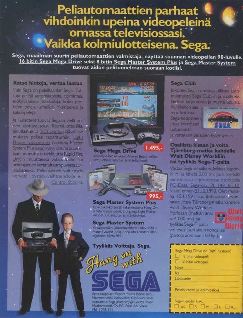Kuva 8. Sega kilpaili Nintendon kanssa myös lehtimainoksissa. Sega korosti esimerkiksi yhtiön osaamista peliautomaattien puolella. MB 10/1990, 10.