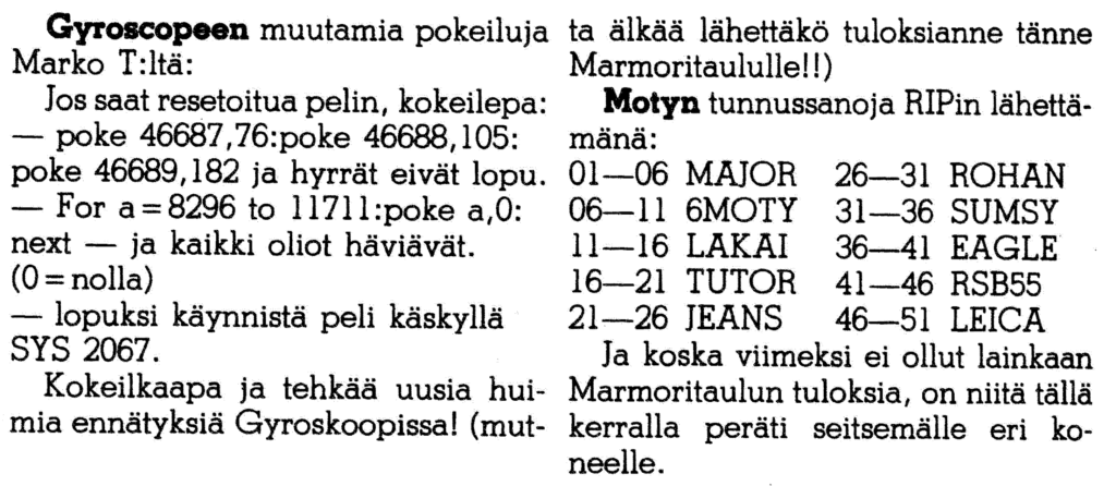 Kuva 8. Huijauskoodeja Peliluolasta. MikroBitti 11/1986, 47.
