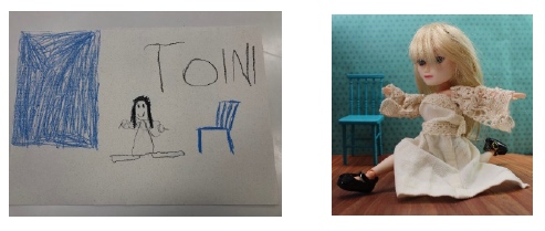 Kuva 10. Esikoululaisen piirtämä kuva Sigrid-nuken kuvasta (vasemmalla) ja varsinainen valokuvateos (oikealla).